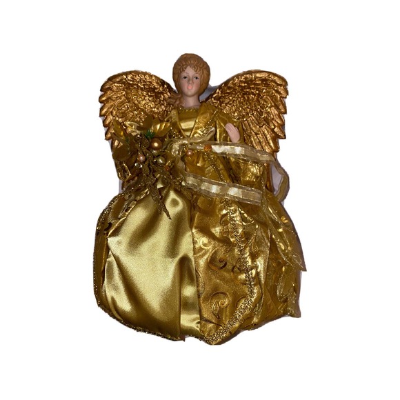 Golden Angel Porcelain Head‎ Hands Christmas Tree Topper 12" Macy’s Holiday Lane - Picture 1 of 13
